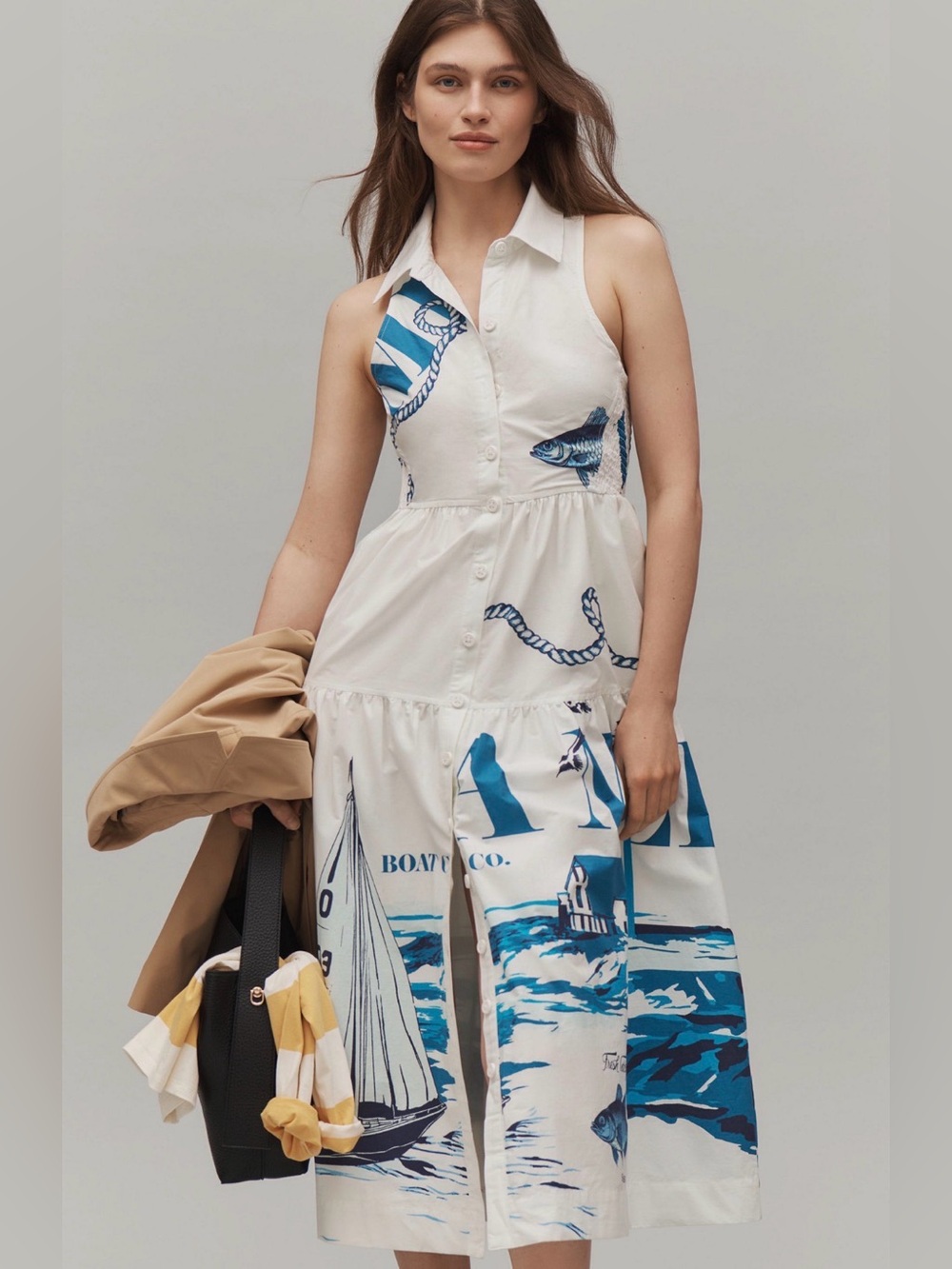 Anthropologie- Sleeveless Nautical Midi Shirt Dress